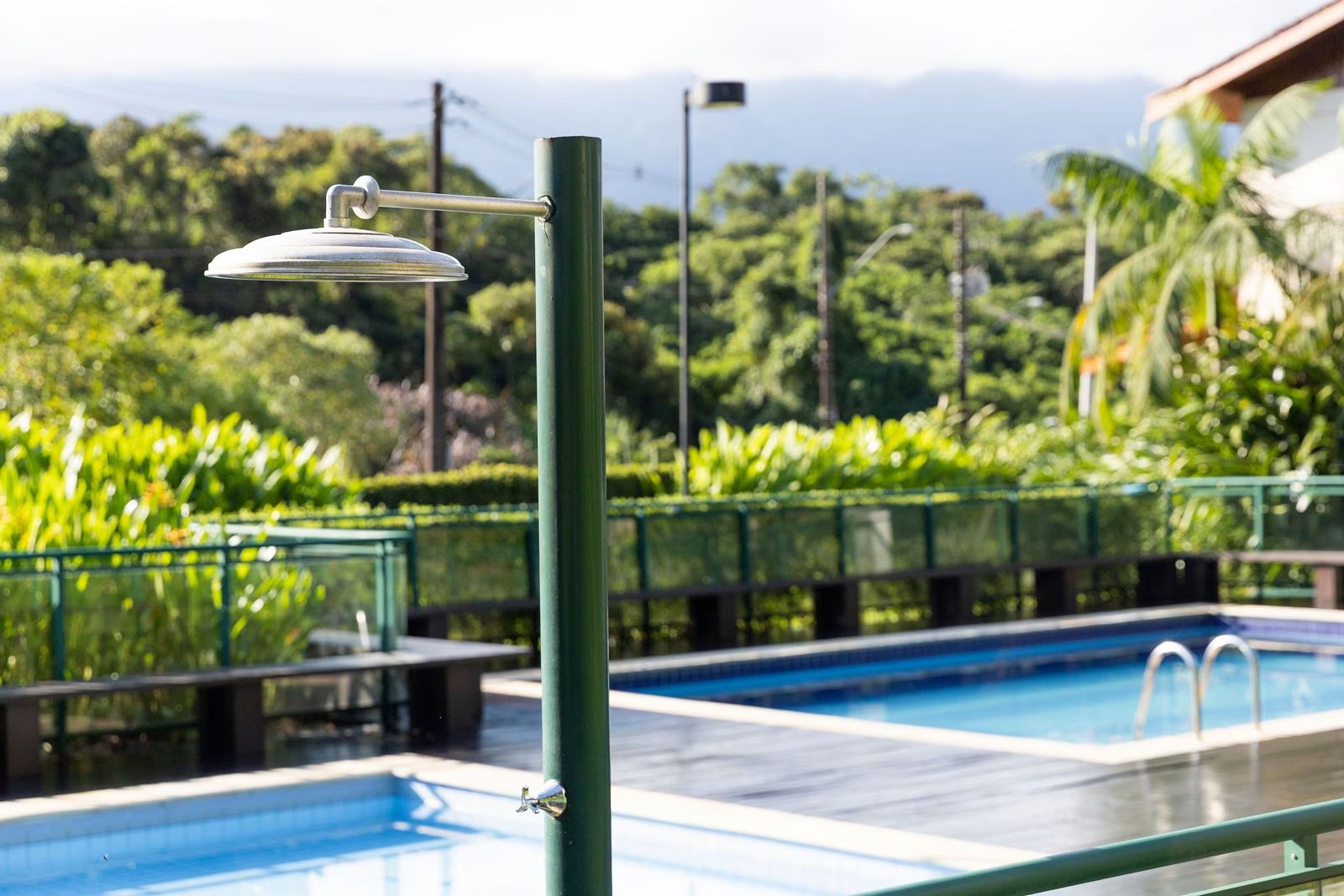 Piscina com guarda-corpo verde e mata