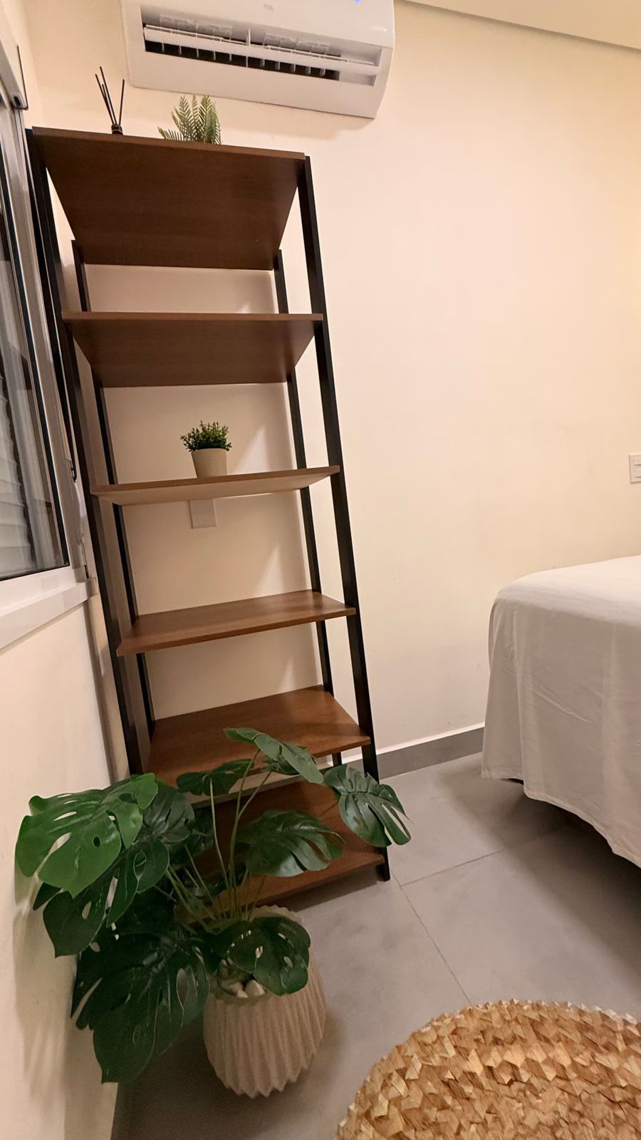Estante e planta no quarto